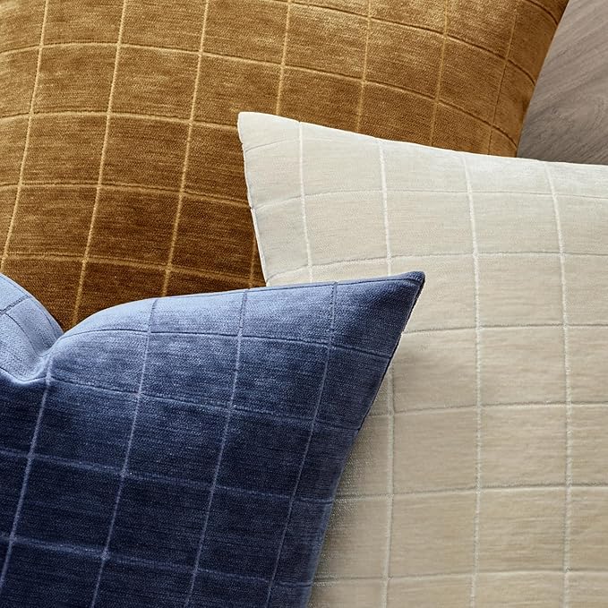 MIULEE Decorative Chenille Check Throw Pillow Covers Vintage Plaid Couch Pillows 20x20 Inch Set of 2 Neutral Boho Farmhouse Cushion Covers Modern Home Decor for Sofa Bed Living Room Brown Sugar