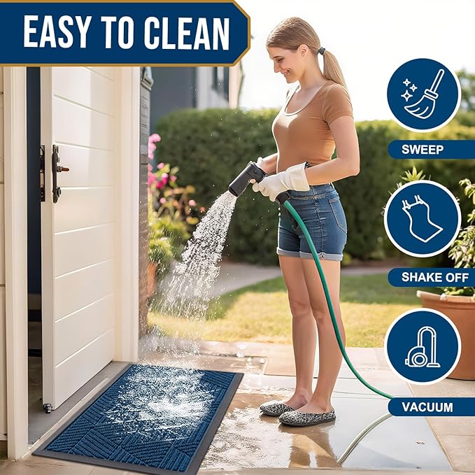 Smiry Front Door Mat Outside Entrance, Heavy Duty Sturdy Natural Rubber Doormat, Trap Dirt and Moisture, Easy Clean Low Profile Welcome Floor Mats for Indoor Outdoor Entry, 35X23 Inch, Medium Blue