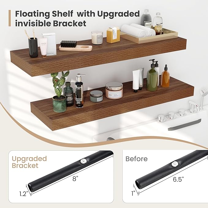 Heimlove 12" Deep Floating Shelves, 36 x 12 Inch Wall Mounted Long Floating Shelf with Invisible Brackets, for Home Decor, Bedroom, Kitchen, Living Room, Bathroom - 2 Pack, Walnut