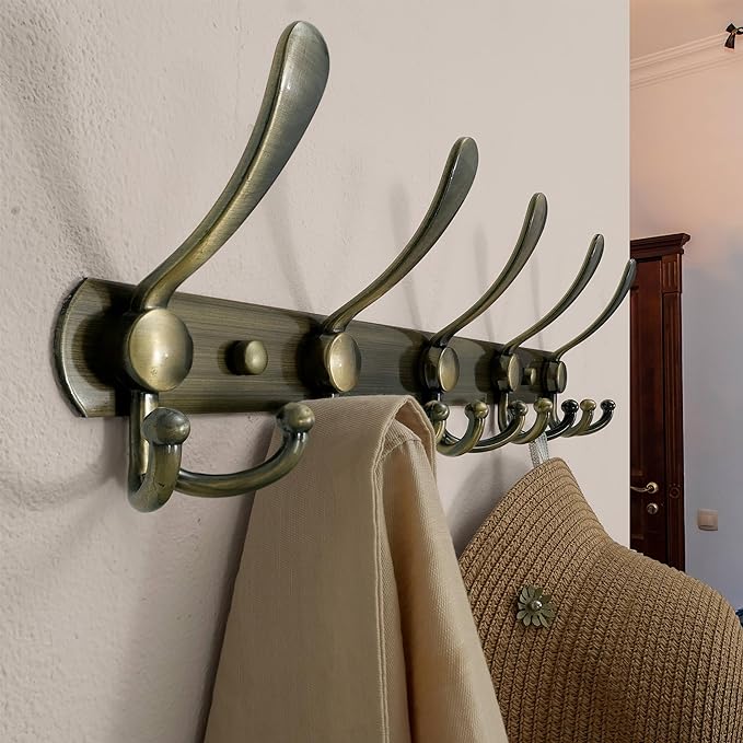 Dseap Wall Mounted Coat Rack - 5 Tri Hooks, Heavy Duty, Stainless Steel, Metal Coat Hook Rail for Coat Hat Towel Purse Robes Mudroom Bathroom Entryway (Bronze, 2 Packs)