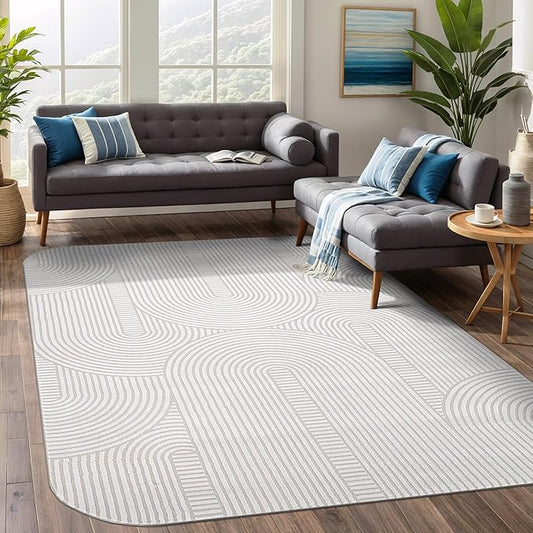 Beverly Rug Modern Geometric Area Rug 5x7 Low-High Pile Durable Soft Abstract Semi-Circles Indoor Rugs for Living Dining Room Office Stain Resistant Non Shedding Indoor Carpet Beige White 5 x 7