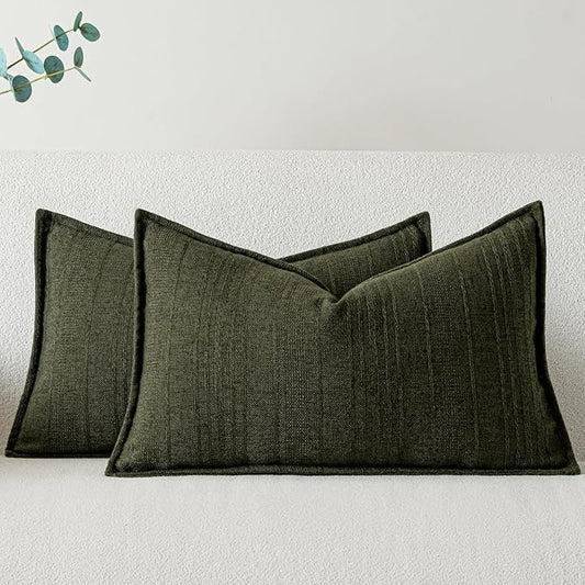 a moment Linen Pillow Covers Set of 2,Boho Farmhouse Throw Pillowcases Neutral Textured Decorative Covers for Couch Sofa,Linen Blend Accent Case Cushion Living Room Home Decor 20"x12"Dark Green