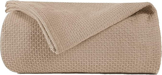 BOUTIQUO 100% Cotton Bed Blanket, Breathable Thermal Blanket Full - Queen Size, Soft Honeycomb Waffle 90''x90'', Perfect for Layering Any All Season, Beige, (90''x90'') (70474)