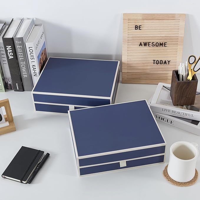 Soul & Lane Decorative Cardboard Storage Boxes with Lids - Set of 2, Memory Boxes for Keepsakes, Home Office Photo Storage for Pictures, Photo Albums, Documents, Stationery, Heritage Blue