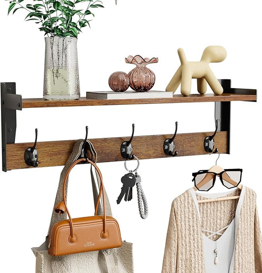 Coat Rack with Wall Mount, 23 Inch Long Entryway Wall Shelf with Hooks, Wood Hanger with Storage Shelf for Bathroom, Hallway, Rustic Brown