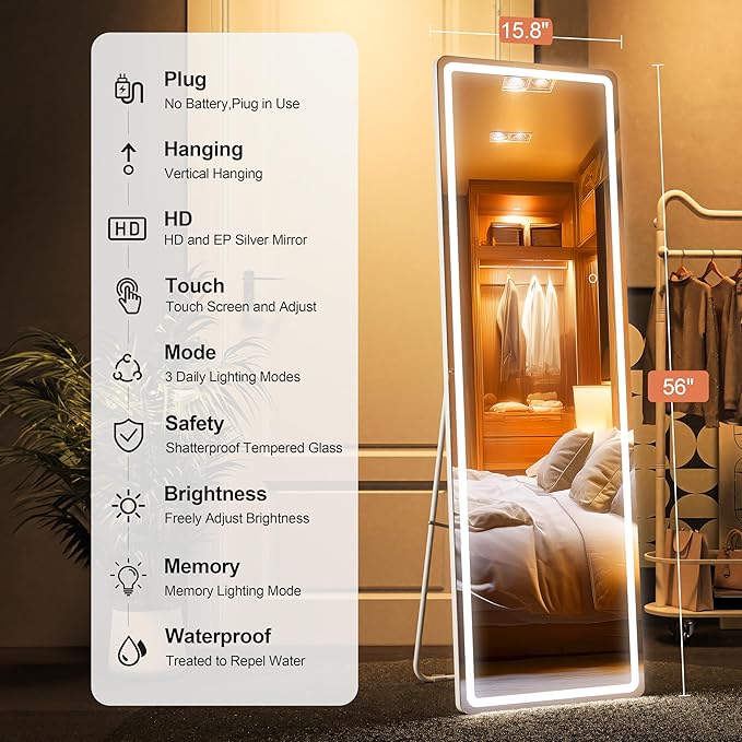 Full Length Mirror with Lights, 56" x 15.8" LED Lighted Floor Standing Body Mirror, Dimmable & 3 Color Lighting for Bedroom, Cloakroom, Dressing Room, Tempered Glass, White