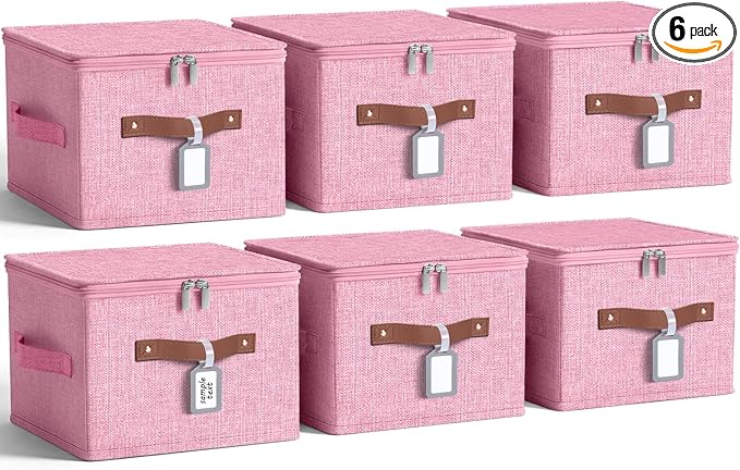 6 Pack Fabric Storage Bins with Lids and Label, 10×8×7Inch Foldable Cotton Linen Cute Storage Boxes with PU Leather Handles for Closet, Bedroom, Shelf, Nursery, Pink