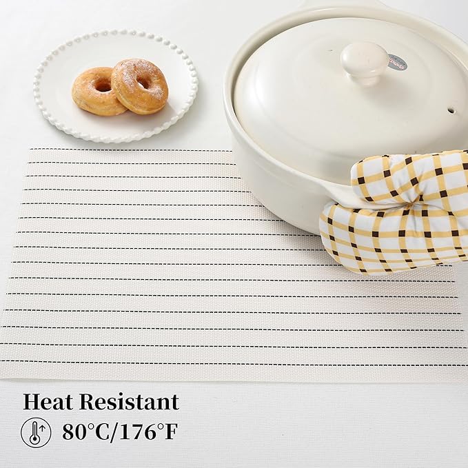 Leetaltree White with Black Stripes Placemats Set of 4 - Heat Resistant Non-Slip Place mats for Dining Table, Washable Durable PVC Vinyl Woven Table Mats（White Stripes, 4）