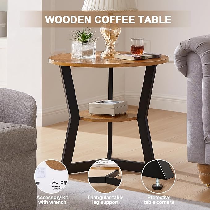 End Table, Round Wood End Table for Living Room with 2-Tier Table Top with Storage Rack, Metal Leg Triangle Support Design, Home Furniture, 25 x 25 x 24 in
