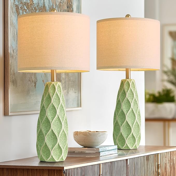 27.5" Ceramic Table Lamps for Living Room Bedroom Lamps Set of 2 Modern Boho Bedside Lamps Night Stands Farmhouse Vintage Large Nightstand Lamp Reading Light Home Office Dorm Desk Deco Gifts, Green