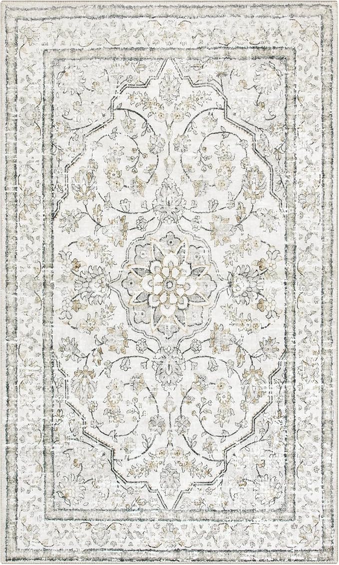 Lahome Oriental Washable Rugs 3x5, Rug for Entryway Indoor Non-Slip, Ultra-Thin Soft Boho Area Rug for Bedroom, Traditional Vintage Low-Pile Entry Throw Rugs Mats for Bathroom Kitchen,(3x5ft, Beige)