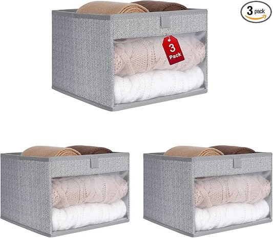 WUIKE Closet Storage Bins, Medium Storage Boxes with Clear Window, Fabric Storage Baskets for Organizing Clothes, Sheets, Blankets, Decorative Storage Bins, Herringbone Gray