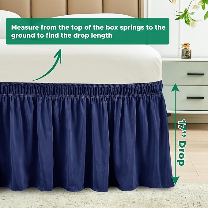 Biscaynebay Wrap Around Bed Skirts for Full & Full XL Beds 17" Long Drop, Navy Adjustable Elastic Dust Ruffles Easy Fit Wrinkle & Fade Resistant Silky Luxurious Fabric Solid Machine Washable