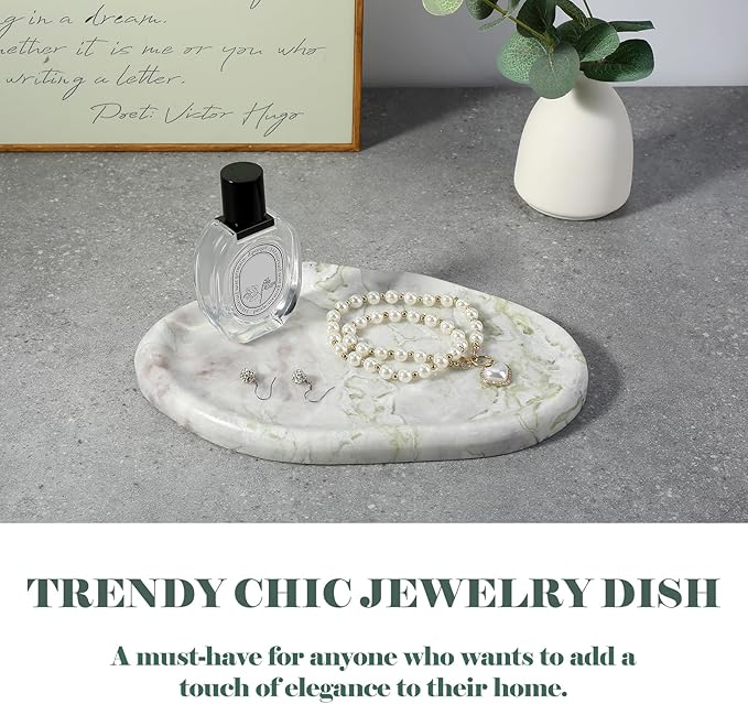 BCS Marble Jewelry Tray Trinket Dish, Decorative Cloud Vanity Key Tray for Women, Perfume Ring Holder Dish for Ring Earring, Cute Jewelry Plate Bowl Aesthetic Room Decor, Bianco Palomino