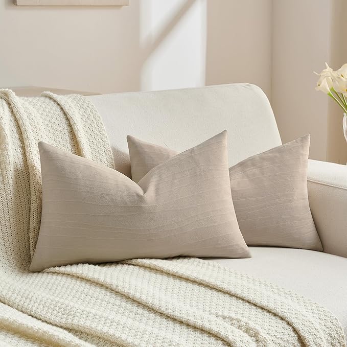 FUTEI Beige Chenille Decorative Throw Pillow Covers 12x20 Inch Set of 2,Soft Crushed Striped Texture Lumbar Pillow Cases,Modern Home Decor for Couch Bed Living Room