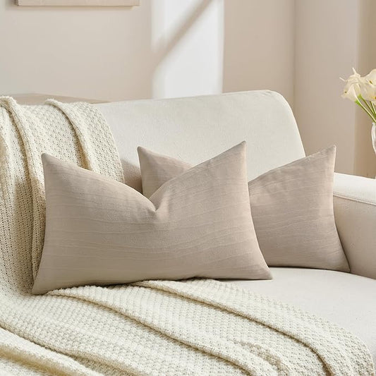 FUTEI Beige Chenille Decorative Throw Pillow Covers 12x20 Inch Set of 2,Soft Crushed Striped Texture Lumbar Pillow Cases,Modern Home Decor for Couch Bed Living Room