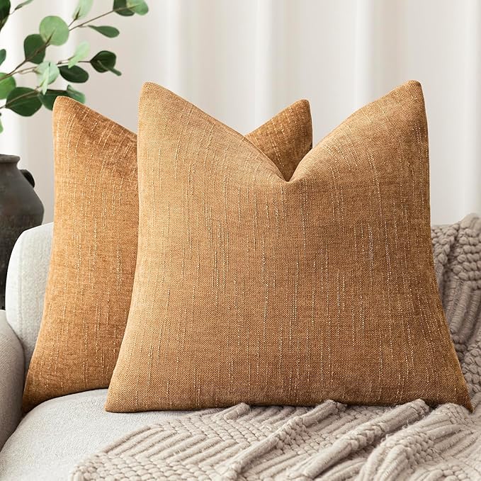Foindtower Set of 2 Soft Textured Chenille Throw Decorative Pillow Covers Square Accent Solid Cushion Cover Neutral Farmhouse Pillow Case for Couch Sofa Bedroom Living Room 18x18 Inch,Golden Brown