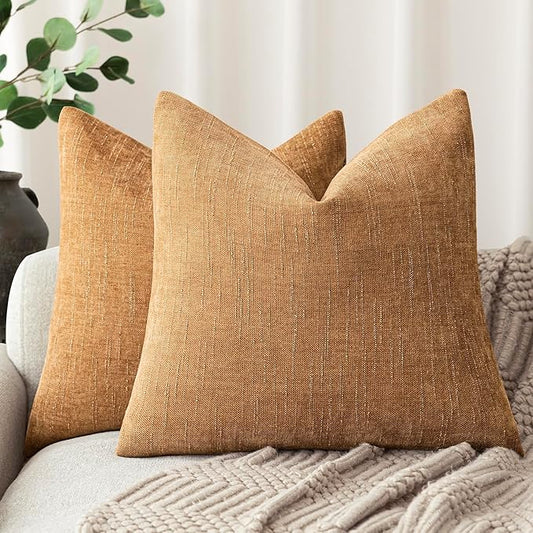 Foindtower Set of 2 Soft Textured Chenille Throw Decorative Pillow Covers Square Accent Solid Cushion Cover Neutral Farmhouse Pillow Case for Couch Sofa Bedroom Living Room 16x16 Inch,Golden Brown