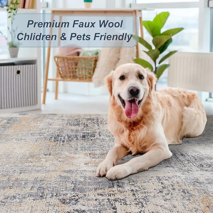 Domitapis Area Rug 5×7, Vintage Boho Rug,Ultra-Soft Low Pile, Washable, Non Slip,Stain Resistant Printed Carpet for Living Room Bedrooms Playroom Office Kitchen, Gold/Grey
