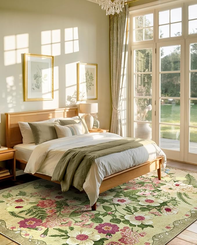 AREAMAY Floral Washable 5x7 Area Rugs - Living Room Rug Non Slip Low Pile Stain Resistant Carpets Indoor Vintage Flower Print Rug for Bedroom Dining Room Kitchen Home Office, Brown