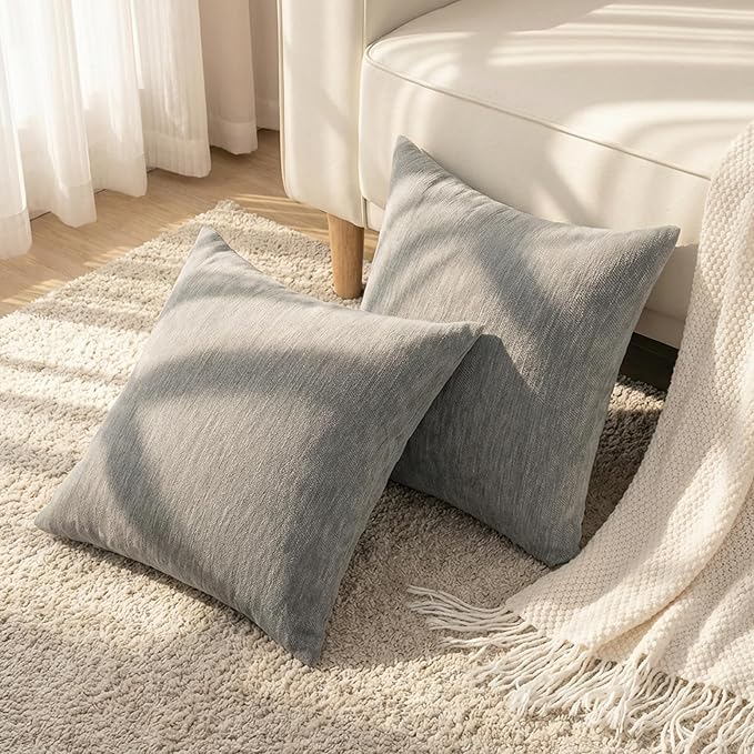 Set of 4 Grey Throw Pillow Covers 20x20 Inch, Neutral Boho Farmhouse Aesthetic Decorative Pillow Cases for Couch, Sofa, Living Room & Bed, Soft Chenille Pillow Cases, Stylish Home Decor, 50x50 cm
