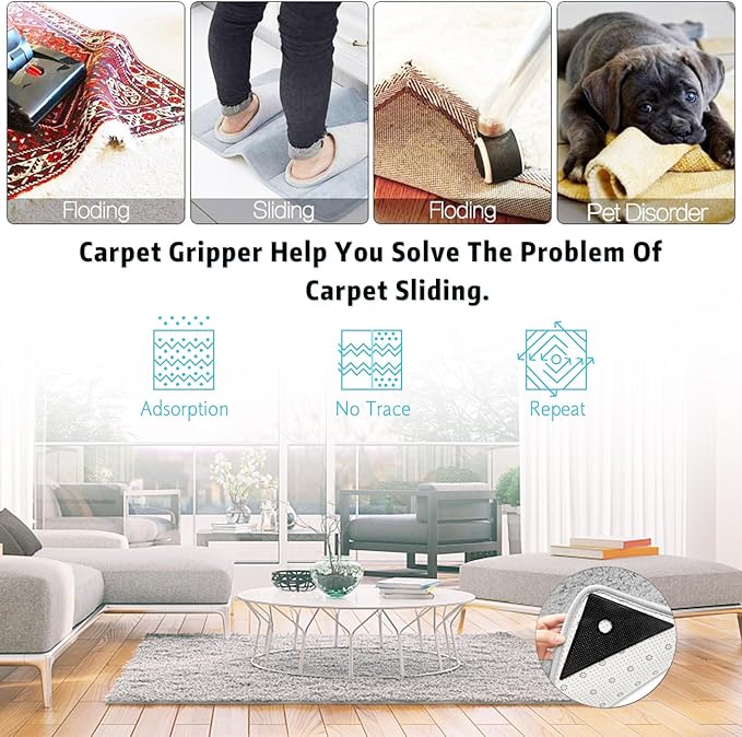 ZC GEL 8 Pcs Rug Tape, Reusable Washable Grippers for Rugs, Double Sided Non-Slip Rug Pads for Hardwood Floors, Rug Stoppers to Prevent Sliding (Black)