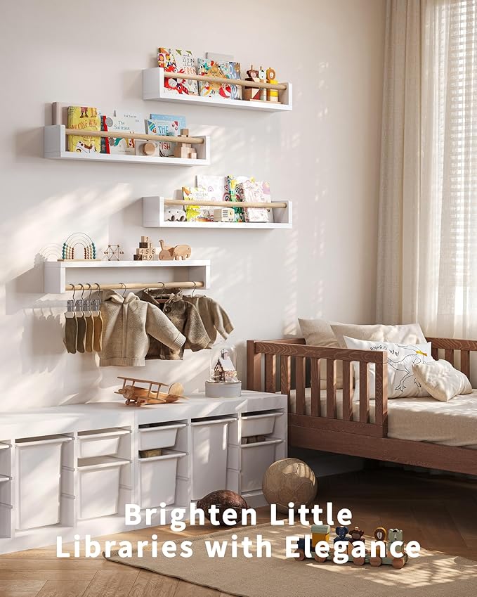 Nursery Book Shelves - 4 Pack, Wall Book Shelves for Bedroom Kids, Kids Wall Book Shelf, Book Shelf for Kid Rooms, Toddler, Baby, Play Room, Nursery Decor (White Wood, 23 Inches)