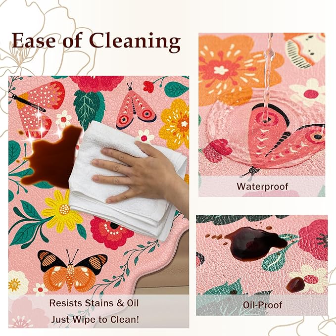 Scalloped Pink Kitchen Mats for Floor 2PC Cushioned Anti Fatigue Kitchen Mats Rugs Waterproof Non Slip Farmhouse Boho Floral Comfort Foam Standing Mat for Sink Laundry