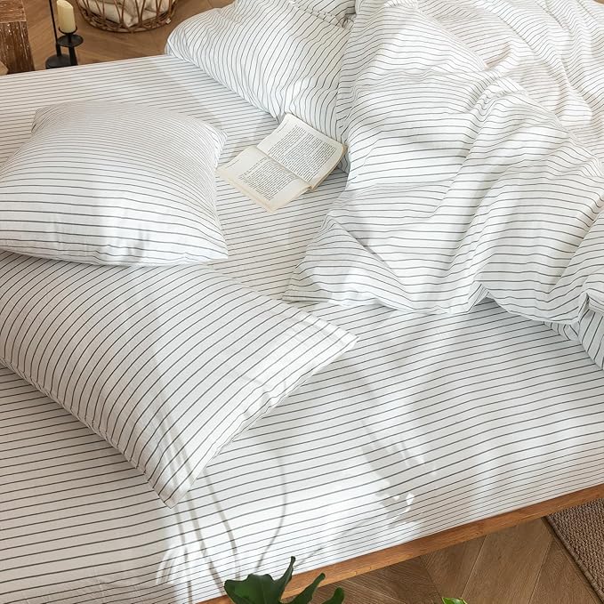 MooMee Striped Duvet Cover Set 100% Washed Cotton Linen Like Textured Breathable Durable Soft Comfy (White Heathered Green Wide Stripes, Twin 68"x90")