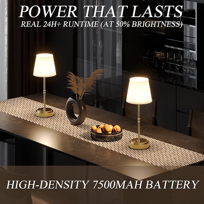 Cordless Table Lamp Rechargeable, Antique Brass LED Touch Lamp with 7500mAh Battery - Portable Dimmable Light for Dining Room, Patio & Bedroom, 2-in-1 Adjustable Height (16"/11", Warm White)