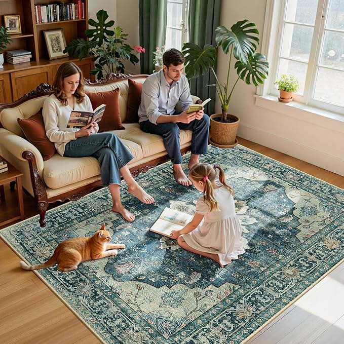 RELEANY Area Rugs 6'x9' Washable Non-Slip, Floral Vintage Distress Print Pattern Medallion Carpet for Living Room Bedroom Dining Room, Dark Blue Vintage