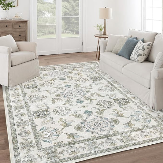 Dotiiorug 6x9 Washable Area Rugs Beige and Sage Green Vintage Boho Floral Farmhouse Rug for Living Room Bedroom, Non Slip Low Pile Carpet