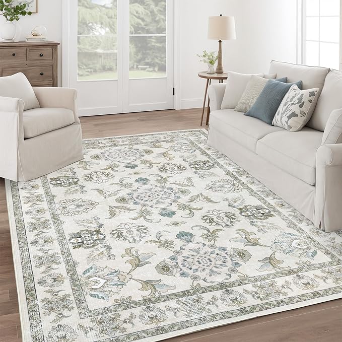 Dotiiorug 5x7 Washable Area Rugs Beige and Sage Green Vintage Boho Floral Farmhouse Rug for Living Room Bedroom, Non Slip Low Pile Carpet