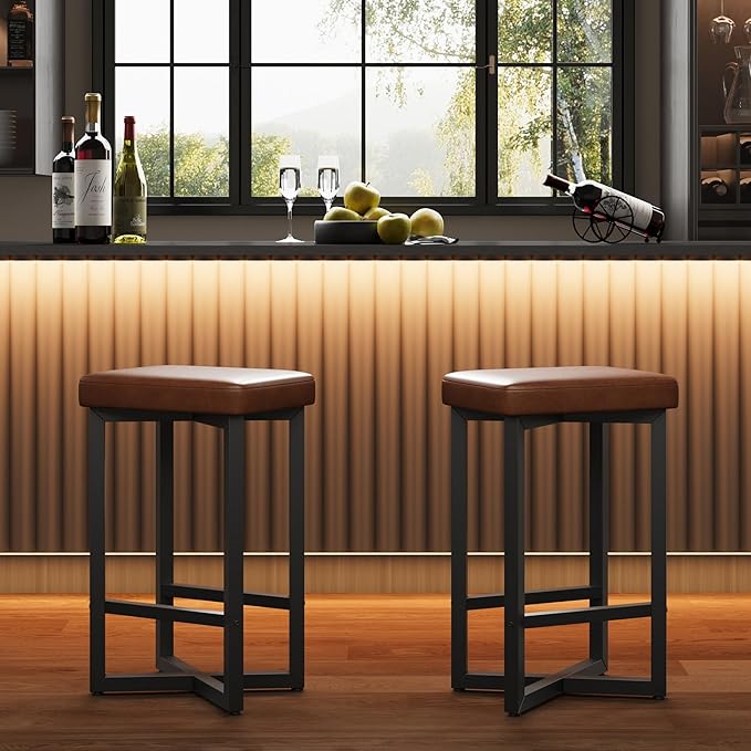 IDEALHOUSE Bar Stools Set of 2, 24.6" Counter Height Backless Barstools, Upholstered PU Leather Seats with Metal X-Frame & Footrest, Modern Kitchen Stools for Home Bar, Dining Room, Brown