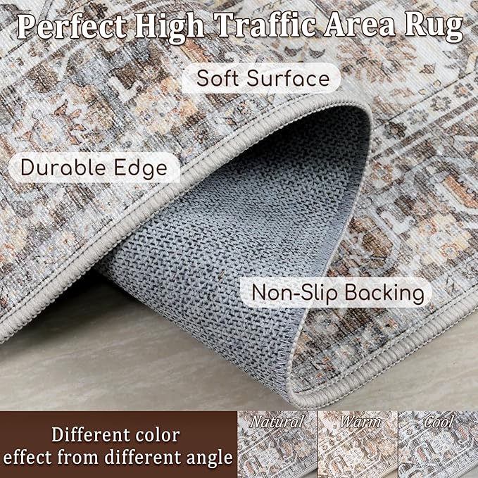 Fortsea Machine Washable Soft Area Rug 8x10 Rugs with Non Slip Backing for Living Room, Bedroom, Bathroom,Printed Vintage Home Decor, Floor Decoration Carpet Mat (Coffee Beige 8x10)…