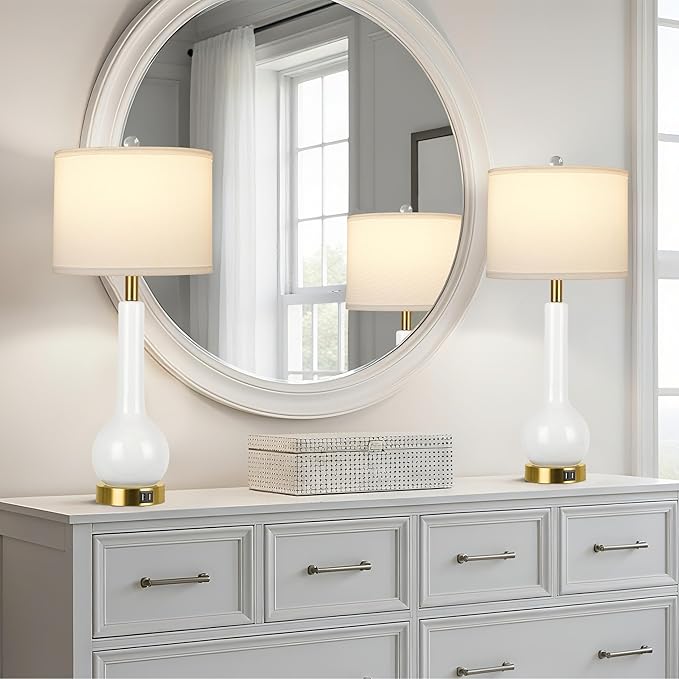 ROTTOGOON 27.5'' Tall Ceramic Table Lamp Set of 2 for Living Room, 3 Color Temperatures Bedroom Lamps with 2 USB Ports, Modern White Bedside Lamps for Night Stands (Bulbs Included)