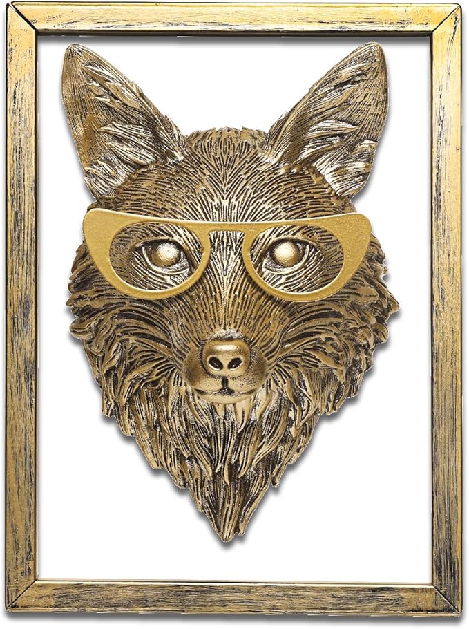 Animal Heads Wall Decor (Includes Metal Frame) Resin Animals Sculptures Head Wall Hanging Decoration Gold vintage Wall Sculpture for Living Room Bedroom Office(Fox)