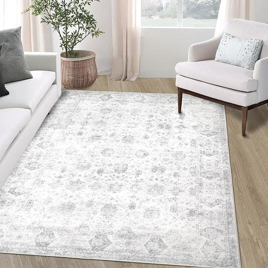 Dotiiorug Washable 5×7 Area Rug for Living Room, Vintage Floral Rug Soft Non Slip Stain Resistant Boho Carpet for Bedroom Dinning Room Kitchen Home Office Grey