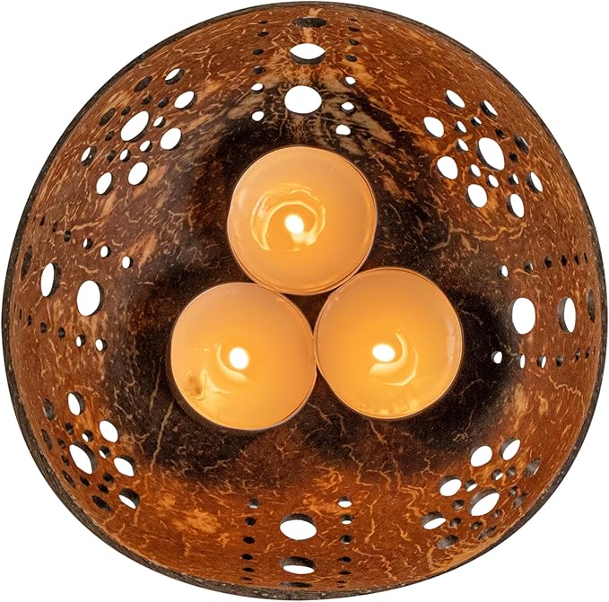 Restaurantware-Coco Casa 5.1 x 2 Inch Coconut Shell Candle Holder, 1 Reusable Tealight Holder - Candle Not Included, Sun Pattern, Brown Coconut Bowl for Candles, Handcrafted