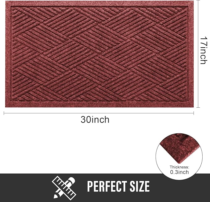HIYARD Sturdy Front Door Mat, Absorbent Muddy Dirt Resist Welcome Door Mats Outdoor Indoor, Stain and Fade Resistant, Non-Slip Rubber Backing Low Profile Doormat for Entryway, 30×17, Red