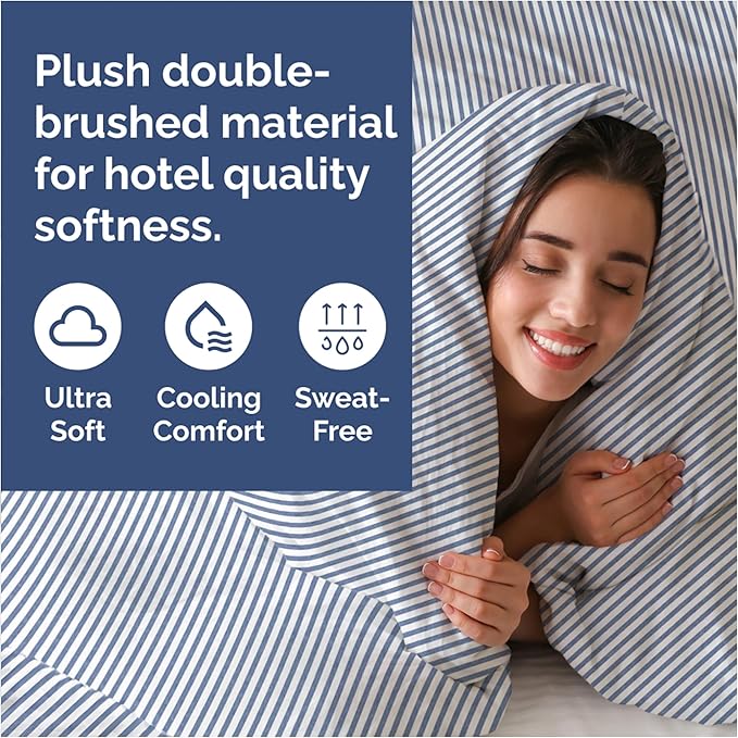 Duvet Cover Queen Size Set - Extra Soft Queen Size Duvet Cover 90 x 90 with 2 Pillow Shams - Hotel Luxury Easy Care & Fade Free w/Zipper Closures & Ties - Comfy Breathable Bedding Set (Blue Stripes)