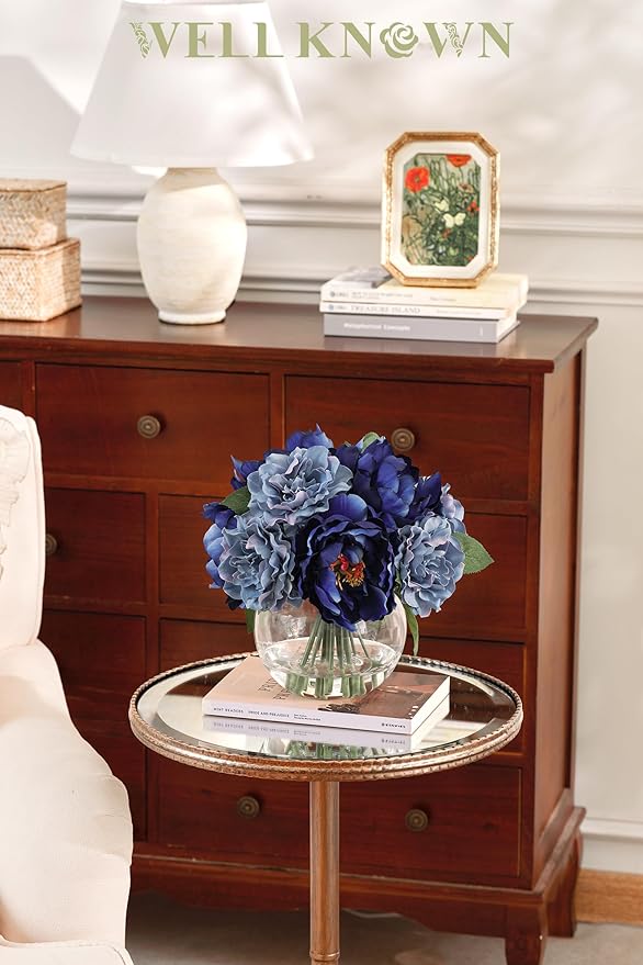 WELL KNOWN Artificial Flowers in Vase, Silk Blue Peonies for Vase with Faux Water, Fake Flower Arrangements for Winter Spring Home Coffee Dining Table Decor Wedding Centerpieces & Christmas Mom's Gift