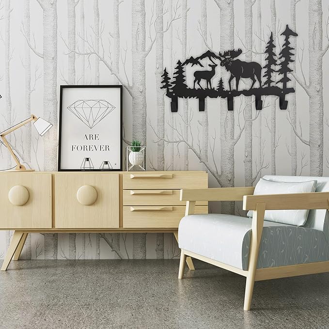 Metal Moose Coat Hooks Wall Art Decor-Moose Hangers and Key Holder-Clothes Hat Rack-Animal Theme Hooks Sweet Home Decor for Storage, Living Room, Hallway, Office (Black)