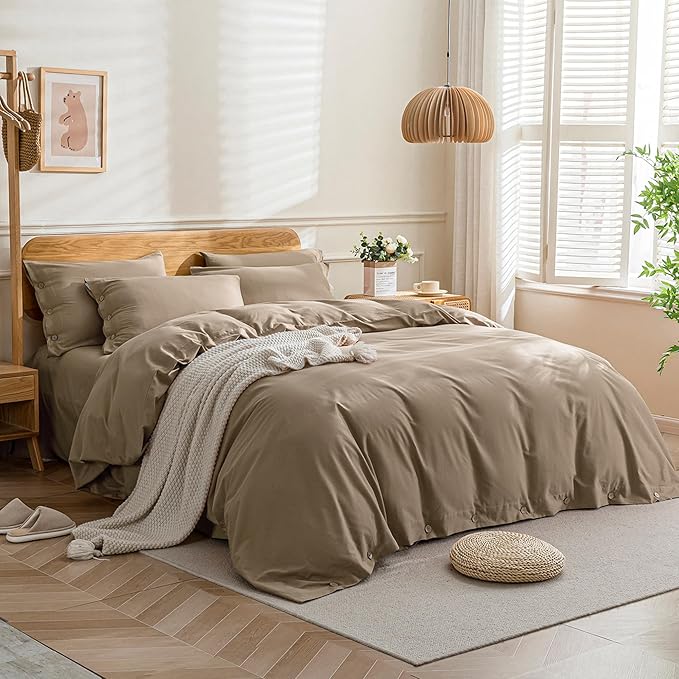 JELLYMONI Cotton Duvet Cover Queen Size - Khaki Comforter Cover with Button 100% Washed Cotton 3PCS Breathable Soft Solid Bedding Set Duvet Cover 90×90in & 2 Pillowcases (NO Comforter)