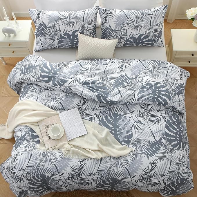 MUXHOMO Duvet Cover Queen Size, Reversible Floral Black & Grey Duvet Cover Set with Zipper Closure, 3 Pieces Botanical Patterns Soft Microfiber Bedding Set with 4 Ties (90"x90", 2 Pillow Cases) US