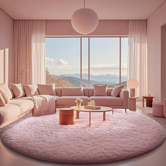 Ophanie Round Rugs 8Ft Pink Circle Area Rug, Fluffy Fuzzy Bedroom Carpet, Plush Soft Shaggy Indoor Floor Kawaii Living Room Rugs for Kids, Cute Room Decor for Teen Girls Home Decor Aesthetic, Nursery