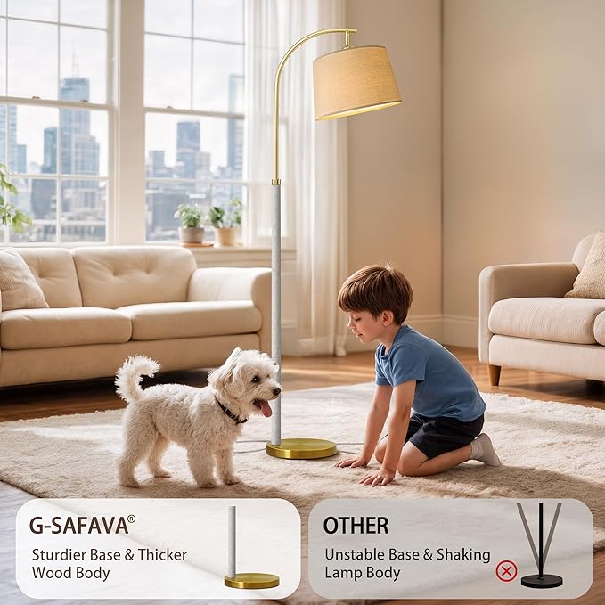 G-SAFAVA 63" Wood Floor Lamps for Living Room with Foot Switch Arc Tall Standing Lamp for Bedroom Mid Century Modern Corner Gold Floor Lamps for Office Nursery Industrial Reading Lamp, White