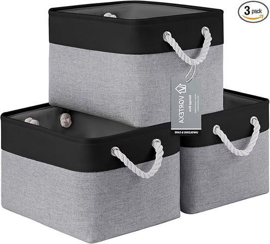 Large Storage Baskets- 15x11x10 inch Storage Bins for Shelves and Closet Organizing, Foldable Fabric Bin for Home Organization Clothes and Laundry (3-Pack, Black&Gray)