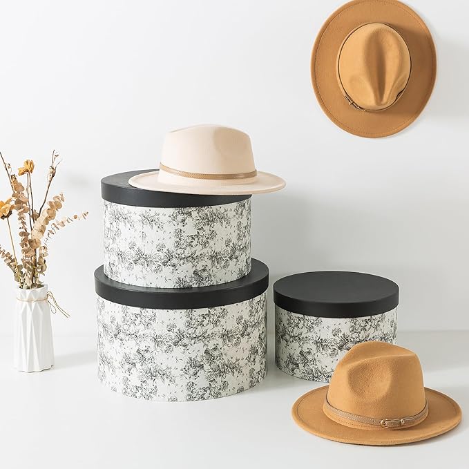 Soul & Lane Floral Hat Round Boxes with Lids, Set of 3 Nesting Cardboard Hat Storage, Large Black Print Cases, Stacking Round Decorative Keepsake Boxes for Organizing