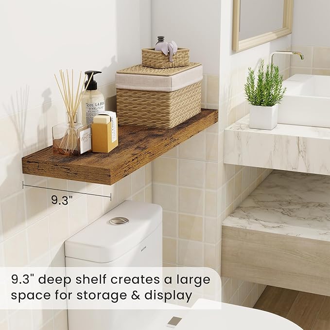 Fun Memories 9.3Inch Deep Floating Shelves for Wall, 30 Inch Rustic Wood Wall Mounted Shelves for Bathroom, Bedroom, Kitchen, Deep Floating Shelf for Storage & Home Decor (Brown, Set of 2)